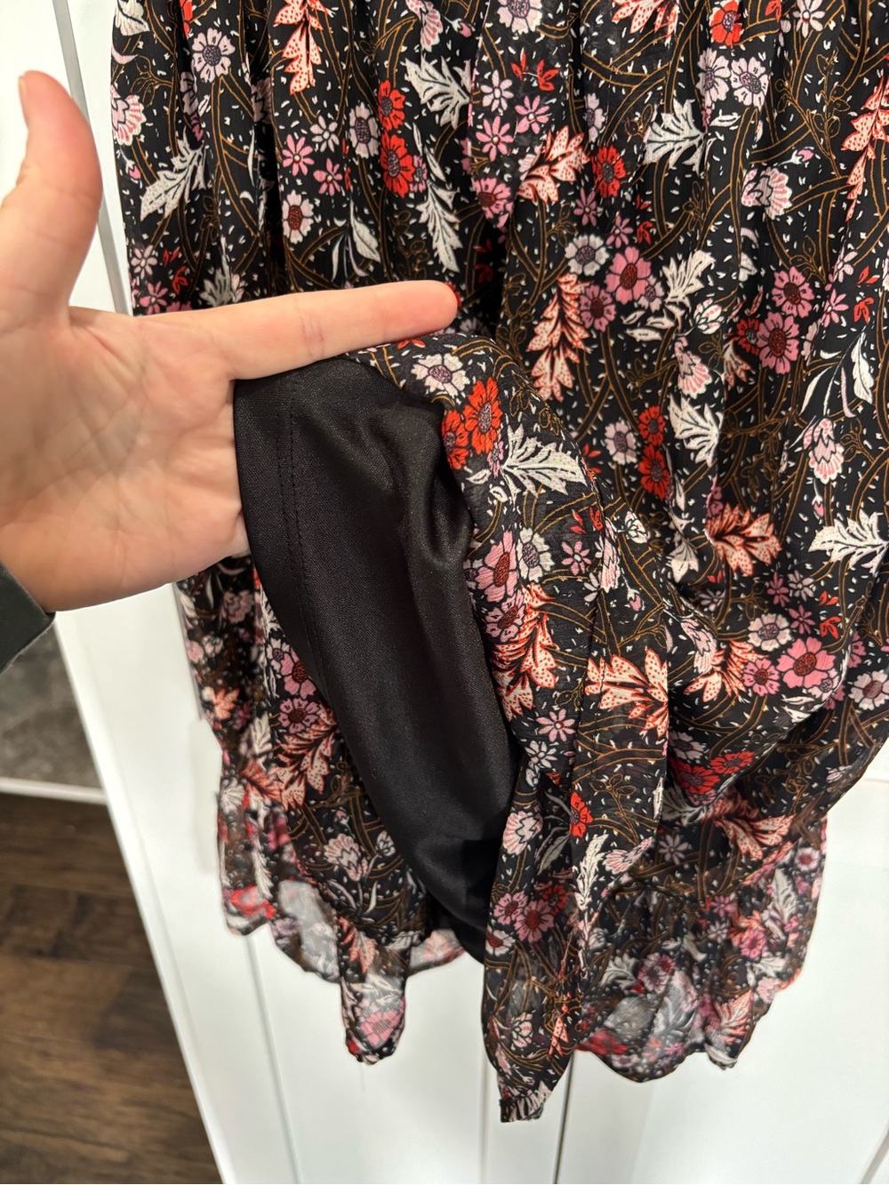 Altar'd State Black Floral V-Neck Mini Dress with Pink and Red Flowers - Picture 5 of 6